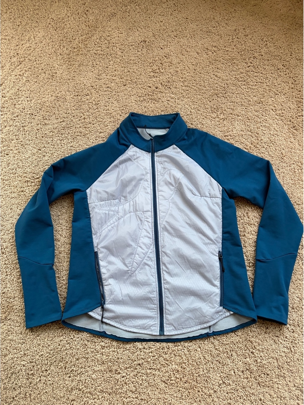 Women's Oiselle Flyout Jacket grey teal XLARGE full zip lightweight quilted